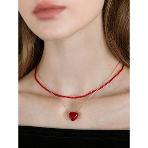 [2 set] HW006 Heart & red bead layered necklace