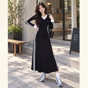 캐주얼 브이넥 두줄 롱원피스 여성 데일리 루즈핏 브이넥원피스 롱원피스 블랙원피스