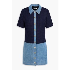 Denim-paneled tweed mini shirt dress 블루 46376663162843726
