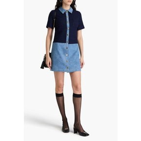 Denim-paneled tweed mini shirt dress 블루 46376663162843726