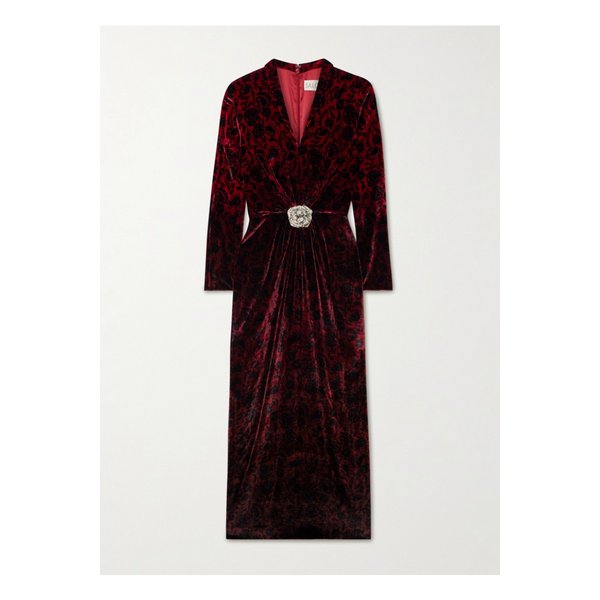 살로니 마야 크리스털 장식 개더 프린트 벨벳 미디 드레스 레드 46376663162908484