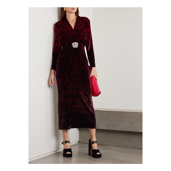 살로니 마야 크리스털 장식 개더 프린트 벨벳 미디 드레스 레드 46376663162908484