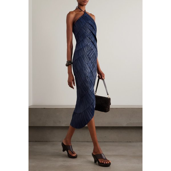 파트리치아 어시메트릭 레이어드 플리츠 새틴 미디 홀터넥 원피스 46376663163011173
