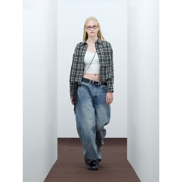 85-VIVA098 뉴트럴 팜 크롭 긴팔 체크 셔츠 블랙