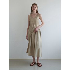 Shirring v-neck sleeveless dress - beige