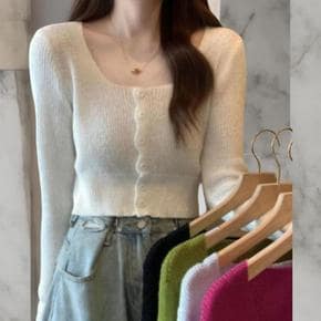 여성 비비드 컬러 스퀘어 넥 여리핏 크롭 긴팔 카디건