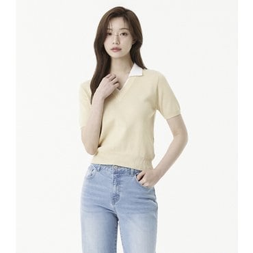 플라스틱아일랜드 카라 레이어드 반팔 니트 풀오버 (PR2KH402)
