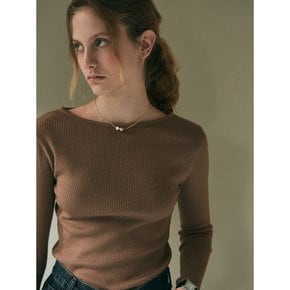 BOAT NECK RIBBED TSHIRT_BROWN