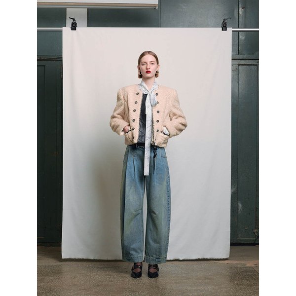 IVORY SHEARLING DOUBLE CHASSEUR ZIP UP JACKET