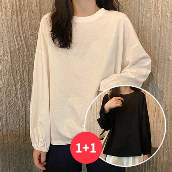 확대된 대표 나바바 / NT3224 여성 1 + 1 루즈핏 퍼프소매 라운드넥 티셔츠