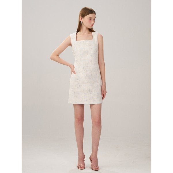 Square Neck Tweed Dress _ White