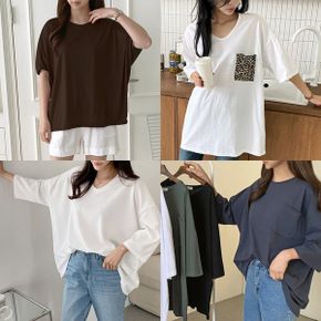 여자 빅사이즈 브이넥 7부 티셔츠 오버핏 반팔 롱 tee_P355746086