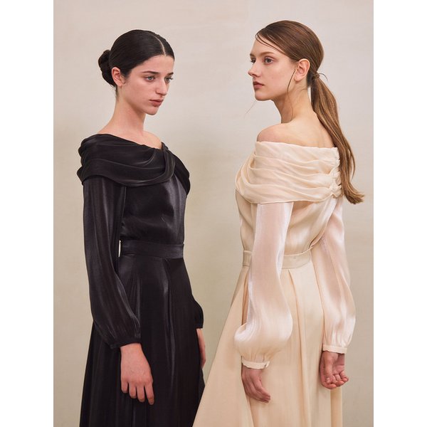 [SET] Anais Off-shoulder Blouse + Anais Wrap Skirt (Beige/Black)