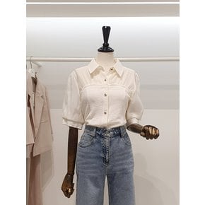 [파주점] 주크 카라넥 니트배색 반팔 블라우스 V253PSC901