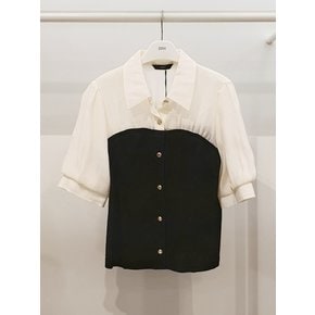 [파주점] 주크 카라넥 니트배색 반팔 블라우스 V253PSC901