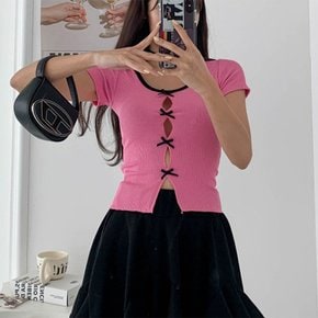 여자 U넥 리본 발레코어 슬림반팔 티셔츠_2