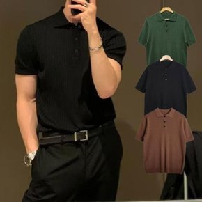 남성 단추 니트 골지 카라넥 반팔 티셔츠