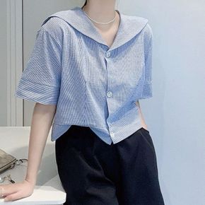 스트라이프 칼라 크롭 버튼업 셔츠_P392717862