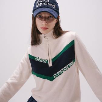 Mardi Mercredi Actif [마르디메르크디악티프]  V LOGO JACQUARD HALF ZIP UP KNIT TOP_IVORY GREEN/ AFK33KPO012IVGN