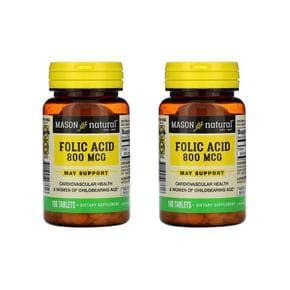 [해외직구] 메이슨네츄럴 엽산 폴릭엑시드 800mcg 100정 2팩 Mason Natural Folic Acid 800 mcg 100 Tablets