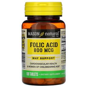 [해외직구] 메이슨네츄럴 엽산 폴릭엑시드 800mcg 100정 2팩 Mason Natural Folic Acid 800 mcg 100 Tablets