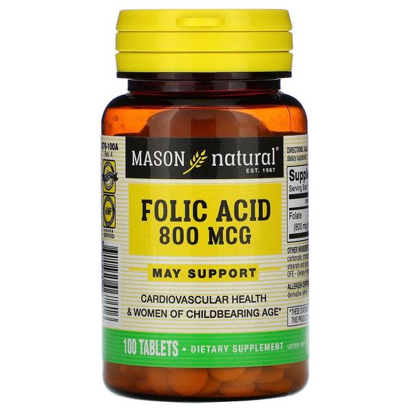 [해외직구] 메이슨네츄럴 엽산 폴릭엑시드 800mcg 100정 2팩 Mason Natural Folic Acid 800 mcg 100 Tablets