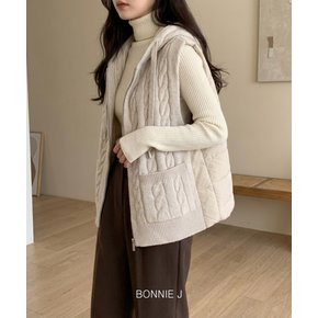 퀼팅 배색 베스트 후드 집업 조끼 여성 겨울 꽈배기 캐주얼 베이직 이너 아우터