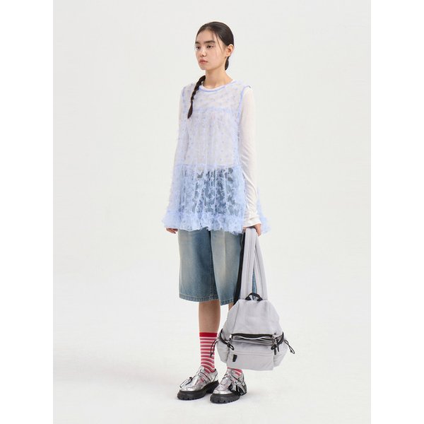 Sleeveless Flower Embroidery Shirring Blouse (light blue) LFSAX25025BUL