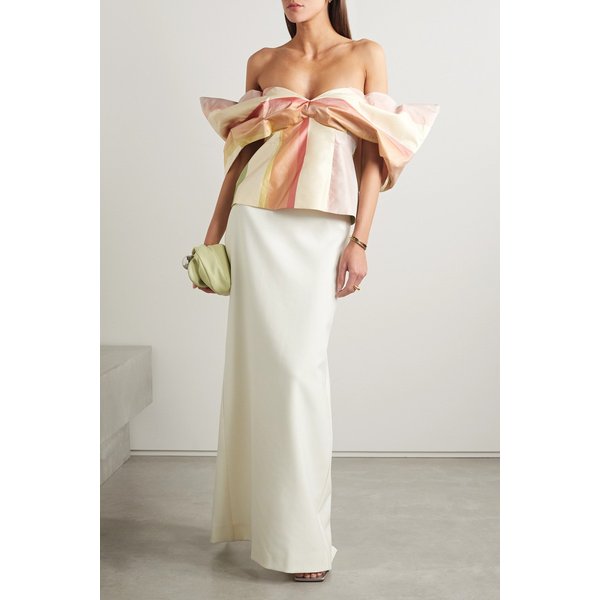 로지 애슐린 메이킹 유어 포인트 오프숄더 스트라이프 실크 태피터 탑 핑크 1647597301085459