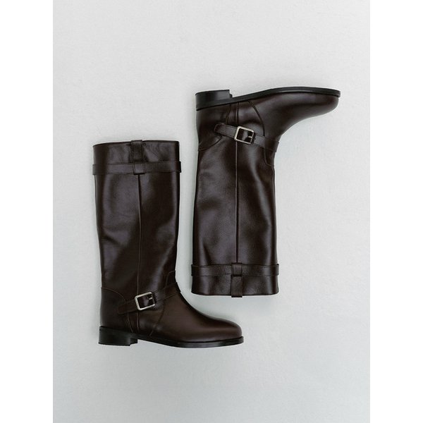 NOIR BUCKLE STRAP LEATHER BOOTS (ORGAN BROWN)