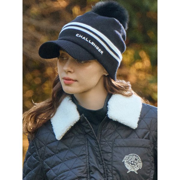 여성 리얼 폭스방울FUR 니트 캡바이저 블랙