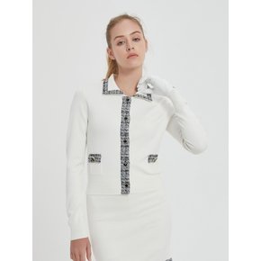 Polo-neck Tweed Cardigan (White)