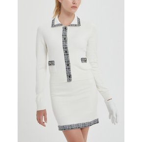 Polo-neck Tweed Cardigan (White)