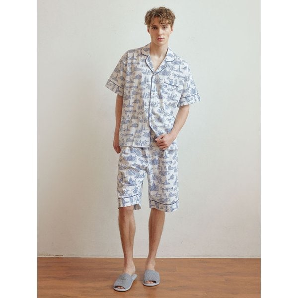 남성 에펠 코튼 반소매 카라 투피스 잠옷