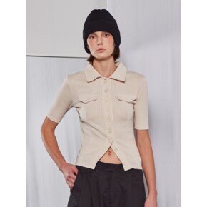 Collar Button Ribbed T-shirt (Beige)
