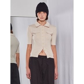 Collar Button Ribbed T-shirt (Beige)