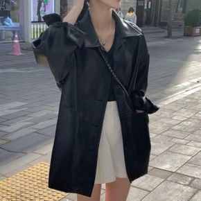 여자 가을 인조가죽 오버핏 하프 레더 자켓_P349917171