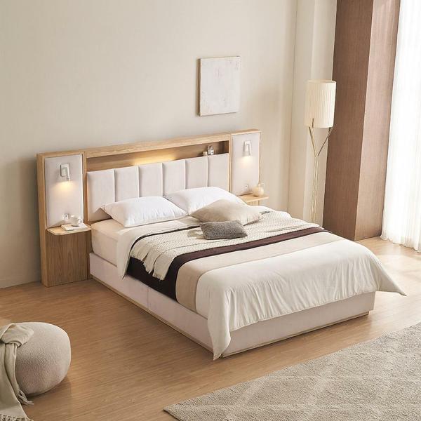 앤씨 기능성 패브릭 쿠션헤드 LED조명 평상형 호텔 침대프레임 라지킹 LK + 사이드패널1E