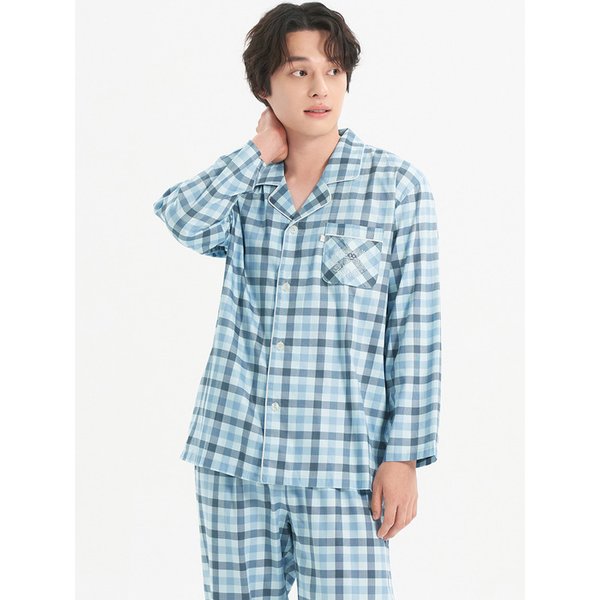 블루체크 긴팔 주자 순면 남성 빅사이즈 잠옷 세트