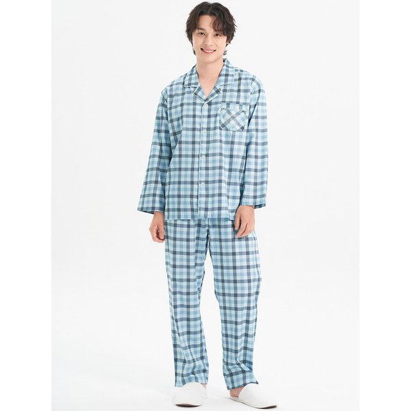 블루체크 긴팔 주자 순면 남성 빅사이즈 잠옷 세트