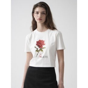 Rose Art Work Printing Crop T-shirt (White)