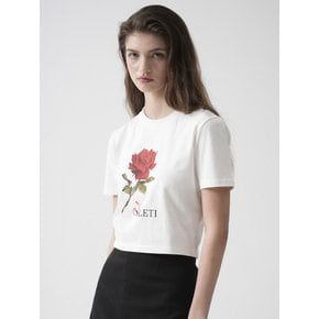 Rose Art Work Printing Crop T-shirt (White)