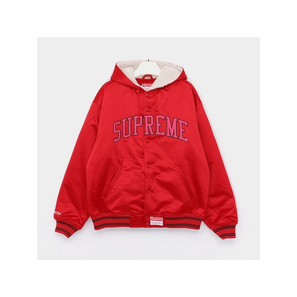 25FW 미첼 앤 네스 라인드 후드 사틴 바시티 남성 자켓 FW25J92 RED