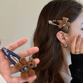 귀여운 곰돌이 베어 큐빅 포인트 뚝딱핀 헤어 머리핀 예쁜 벨벳 옆머리 앞머리 잔머리 헤어핀 삔