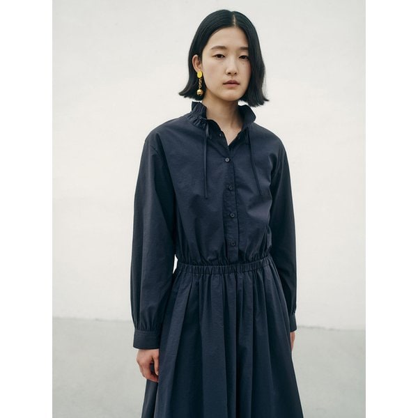 넥 리본 셔츠 롱 원피스_네이비 7215337702