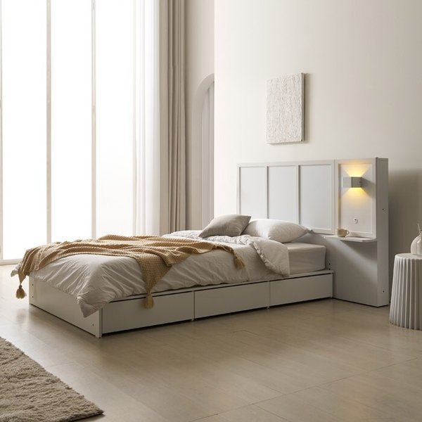 [보루네오]호텔라인 넉넉한 수납 침대 SS (조명협탁1개,7존매트) KC837