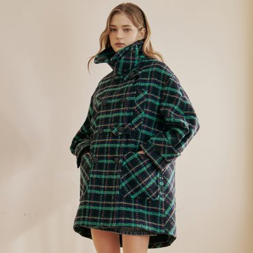 마쟈 컬러 체크 부클 더블 브레스티드 하프코트 CE01CT301NH