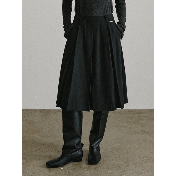 울 리버스 플리츠 미디 스커트_BLACK
