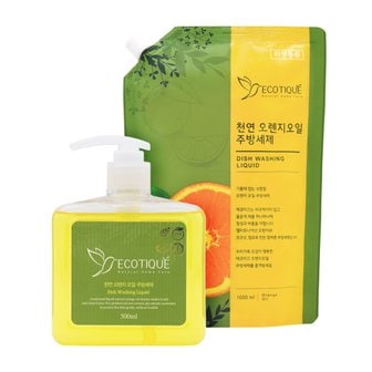 에코띠끄 친환경 천연 오렌지 오일 과일채소용 주방세제 세트, 용기 500ml+리필 1000ml