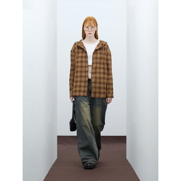 85-VIVA106 미스티 치크 후드 오버핏 긴팔 체크 셔츠 브라운